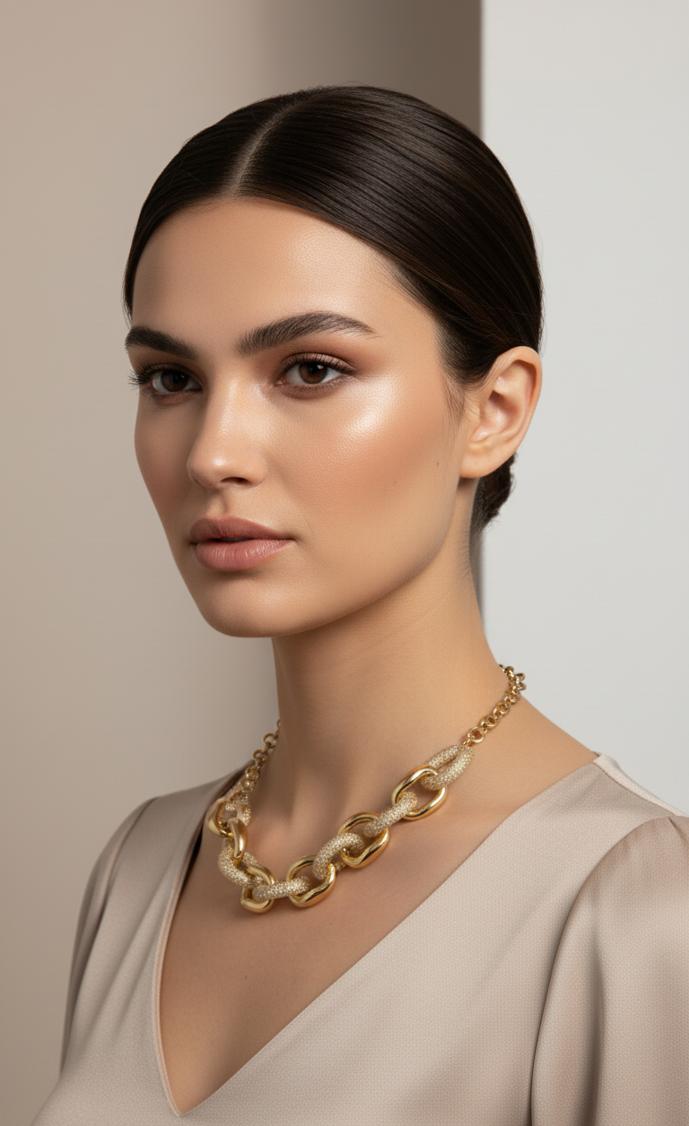 Collana Maxi Maglia Ibrida Tono Oro - Finitura Glitter & Lucida