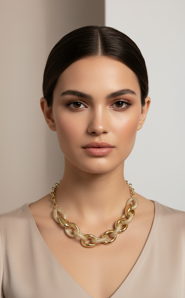 Collana Maxi Maglia Ibrida Tono Oro - Finitura Glitter & Lucida