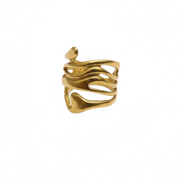 Gold ring with wavy design on a white background