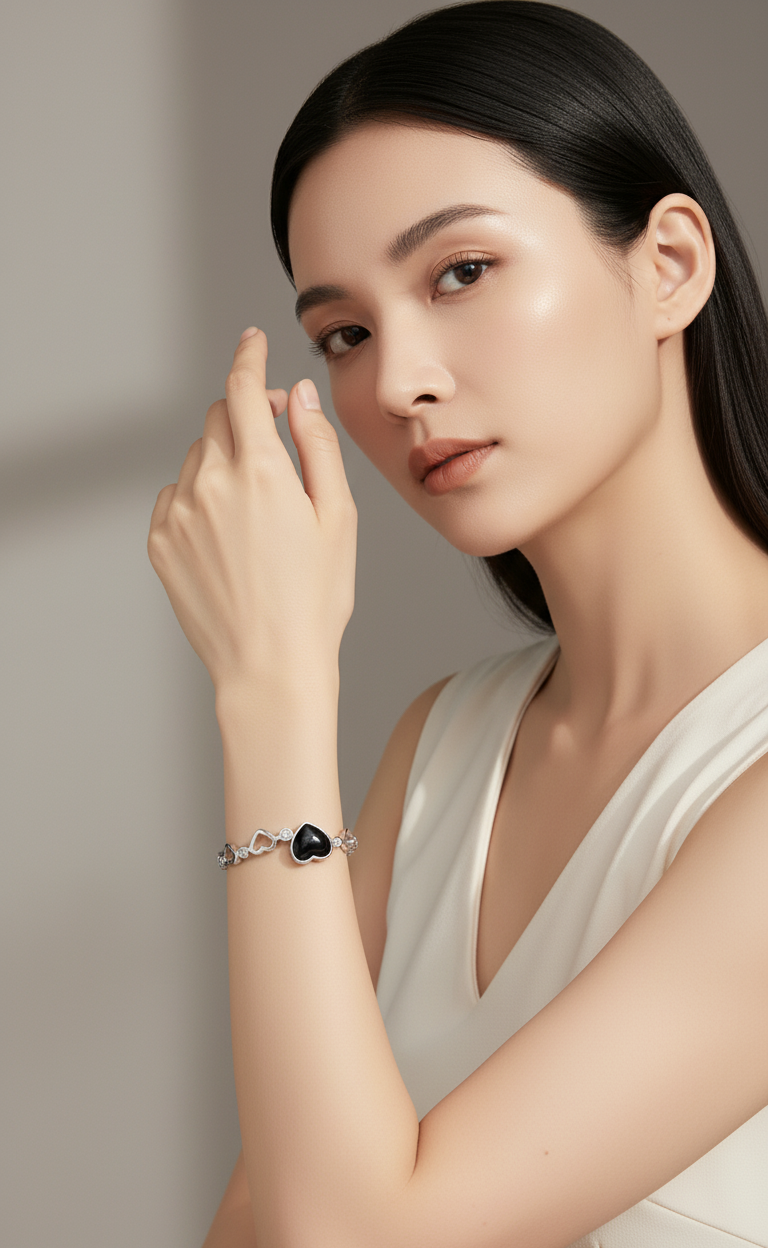 Bracciale Charms Cuore Nero - Argento Sterling Italiano