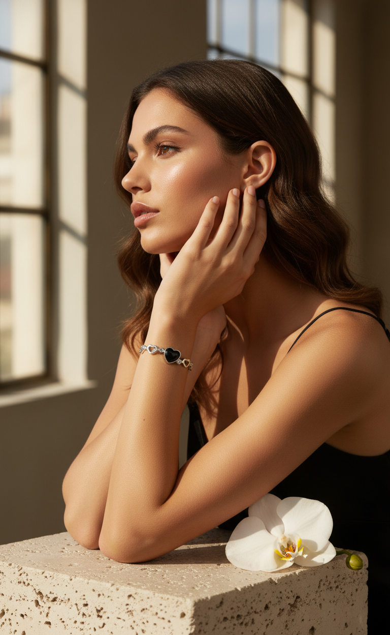 Bracciale Charms Cuore Nero - Argento Sterling Italiano