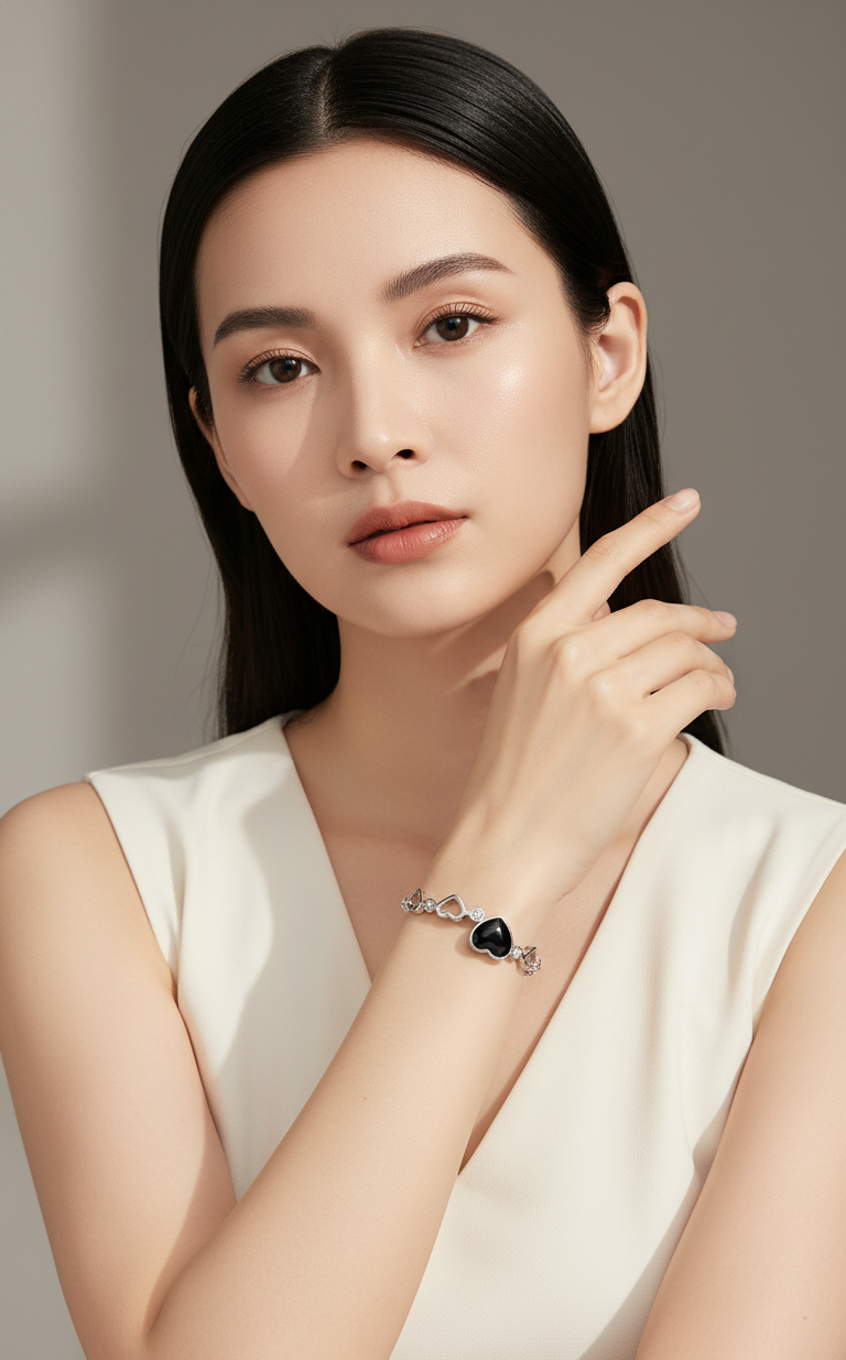 Bracciale Charms Cuore Nero - Argento Sterling Italiano