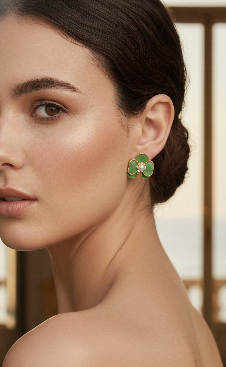 Orecchini Pendenti Lusso Fiore Verde Smeraldo, Perla d'Acqua Dolce e Placcatura Rodio