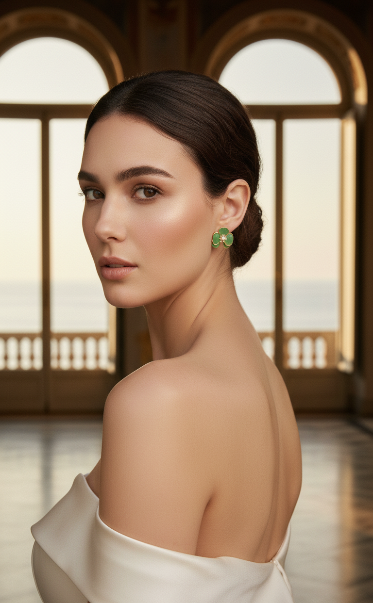 Orecchini Pendenti Lusso Fiore Verde Smeraldo, Perla d'Acqua Dolce e Placcatura Rodio