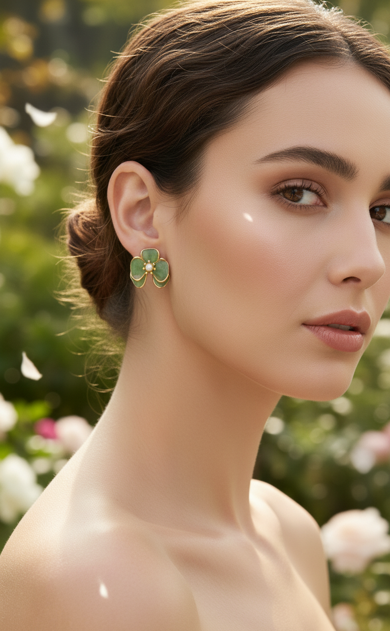 Orecchini Pendenti Lusso Fiore Verde Smeraldo, Perla d'Acqua Dolce e Placcatura Rodio