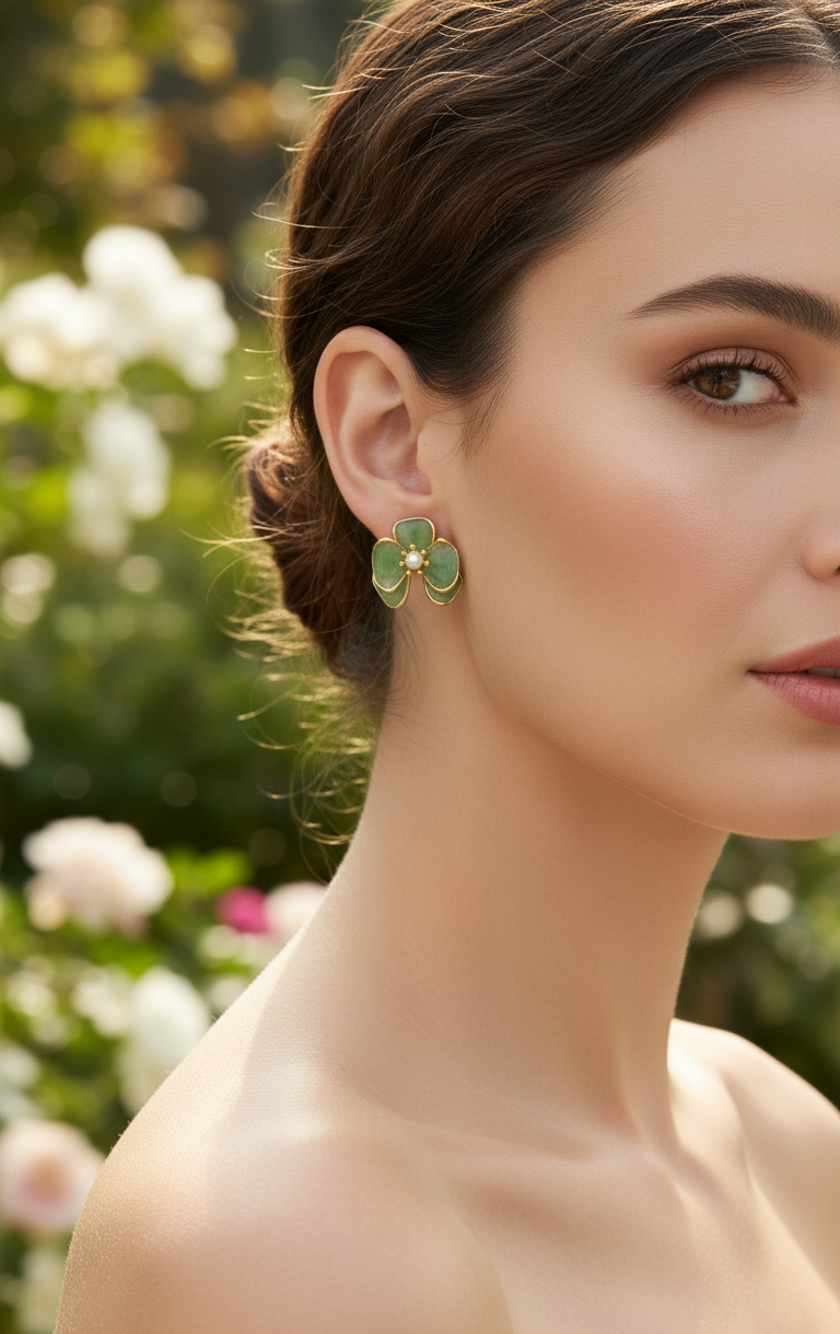 Orecchini Pendenti Lusso Fiore Verde Smeraldo, Perla d'Acqua Dolce e Placcatura Rodio