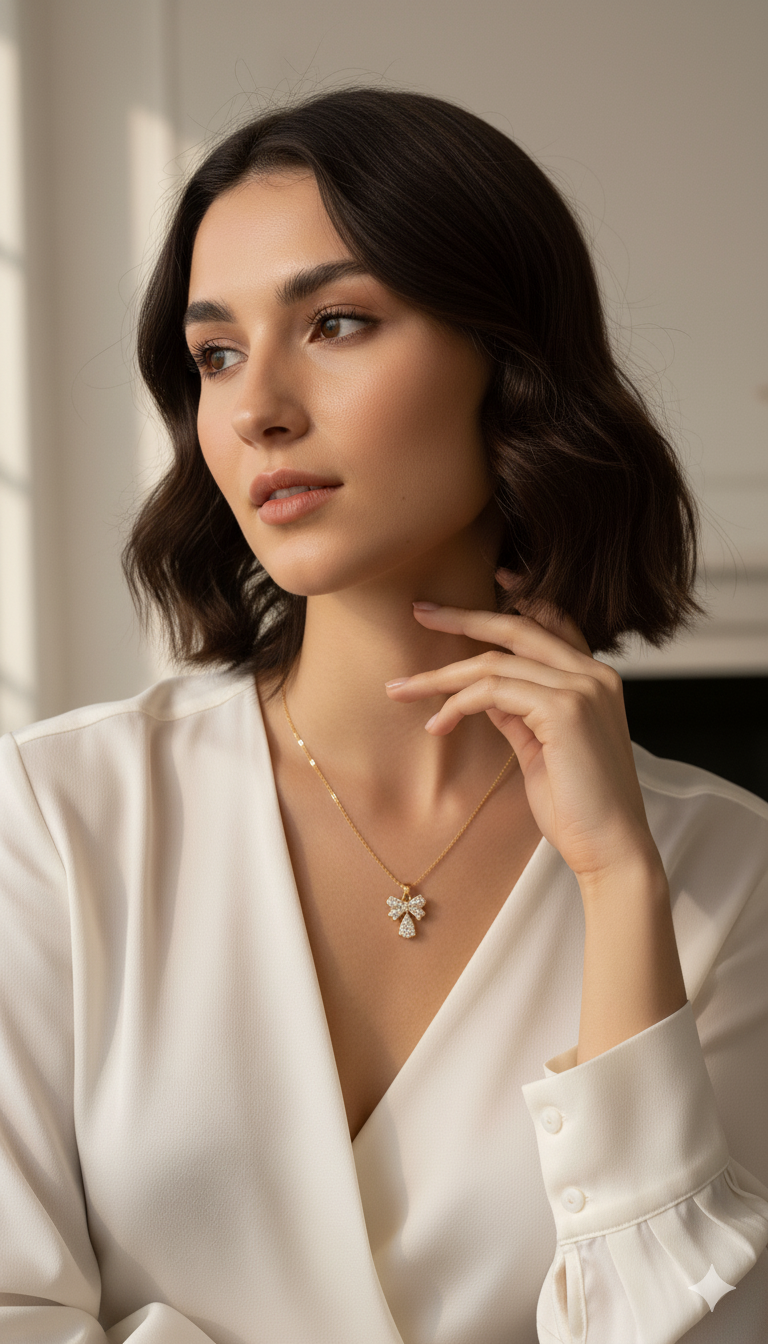 Woman wearing a delicate necklace with a subtle background