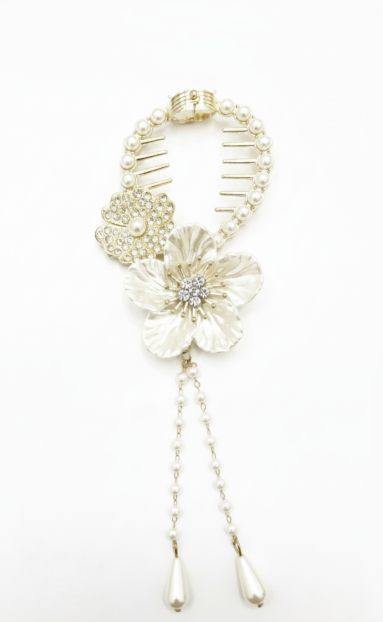 Pinza per Capelli Elegante con Perle e Fiori Pendenti