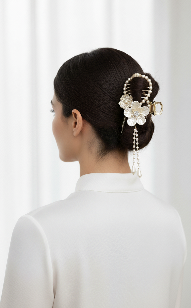 Pinza per Capelli Elegante con Perle e Fiori Pendenti