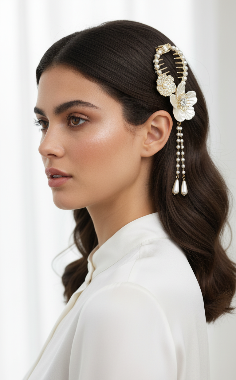 Pinza per Capelli Elegante con Perle e Fiori Pendenti