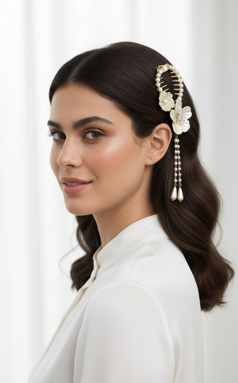 Pinza per Capelli Elegante con Perle e Fiori Pendenti