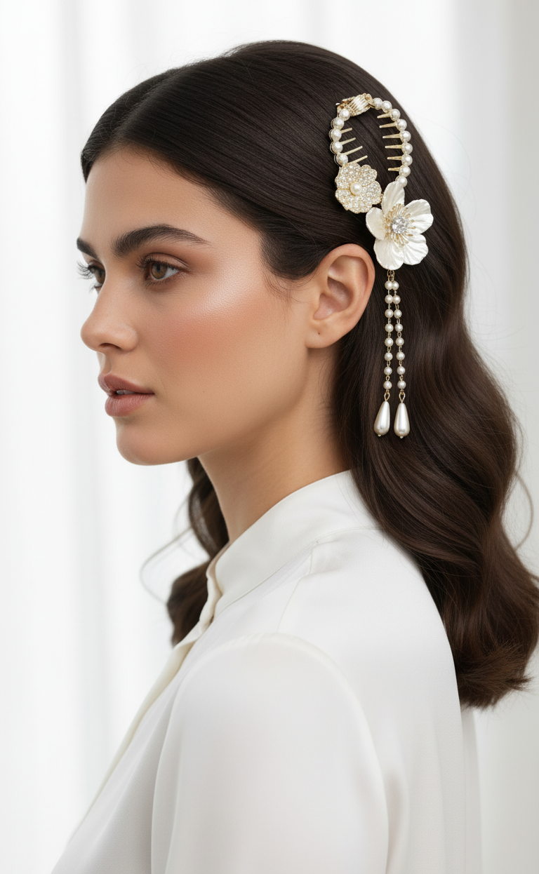 Pinza per Capelli Elegante con Perle e Fiori Pendenti