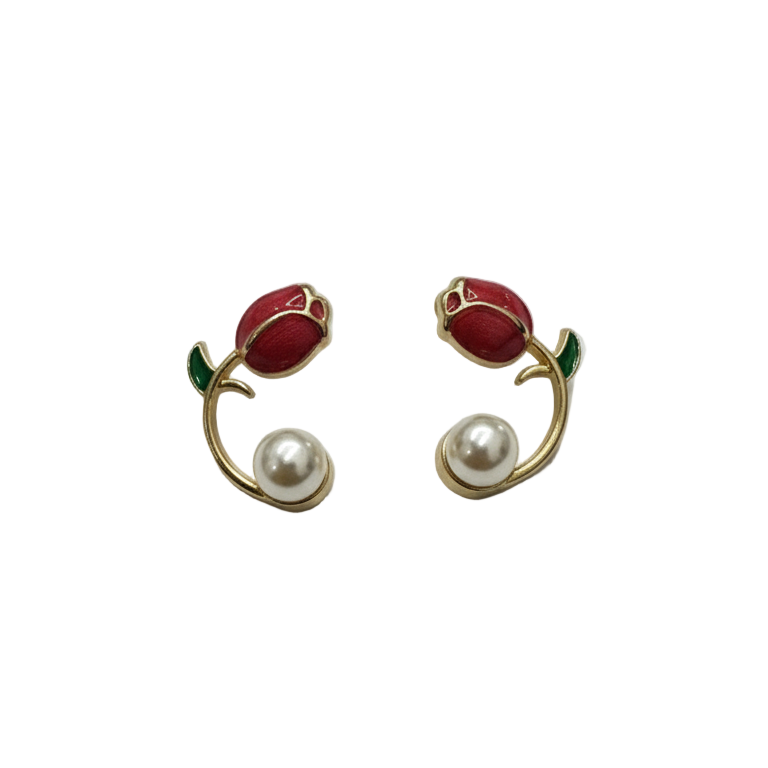 Orecchini Tulipano Rosso e Perla - Design di Lusso Ipoallergenico