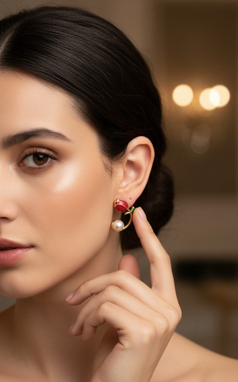 Orecchini Tulipano Rosso e Perla - Design di Lusso Ipoallergenico