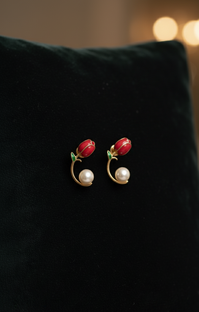 Orecchini Tulipano Rosso e Perla - Design di Lusso Ipoallergenico