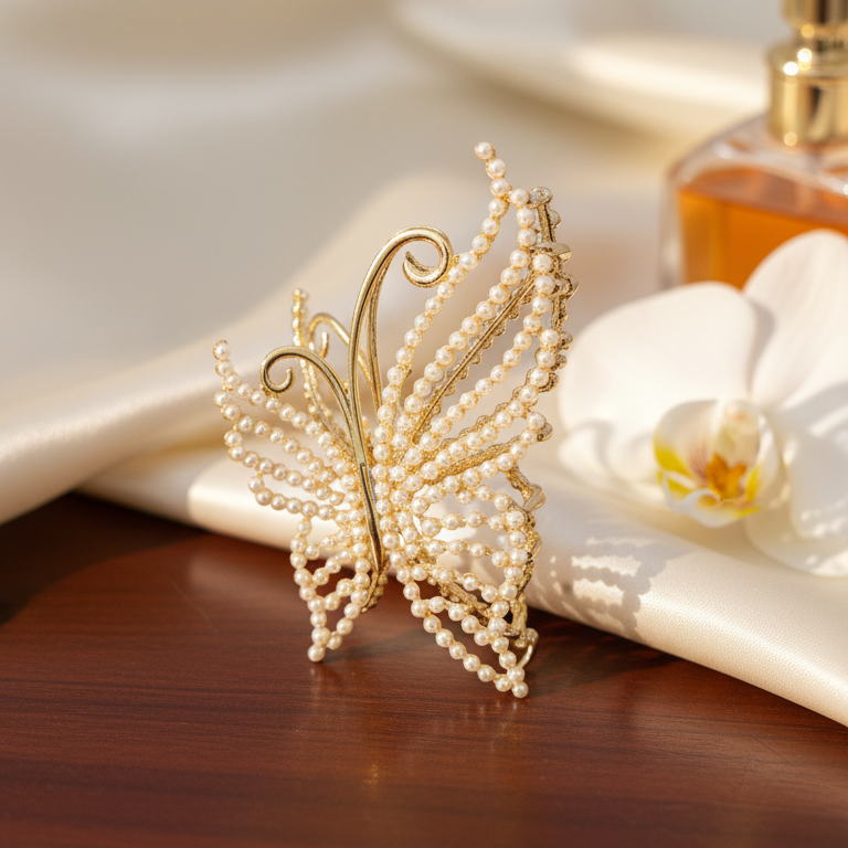 Fermaglio Capelli Farfalla Lusso con Perle e Dettagli Dorati – L'accessorio Elegante per eccellenza