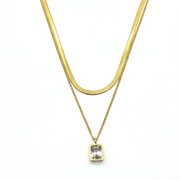 Collana Serpente Doppia Catena e Pendente Zircone Luminoso - Tonalità Oro