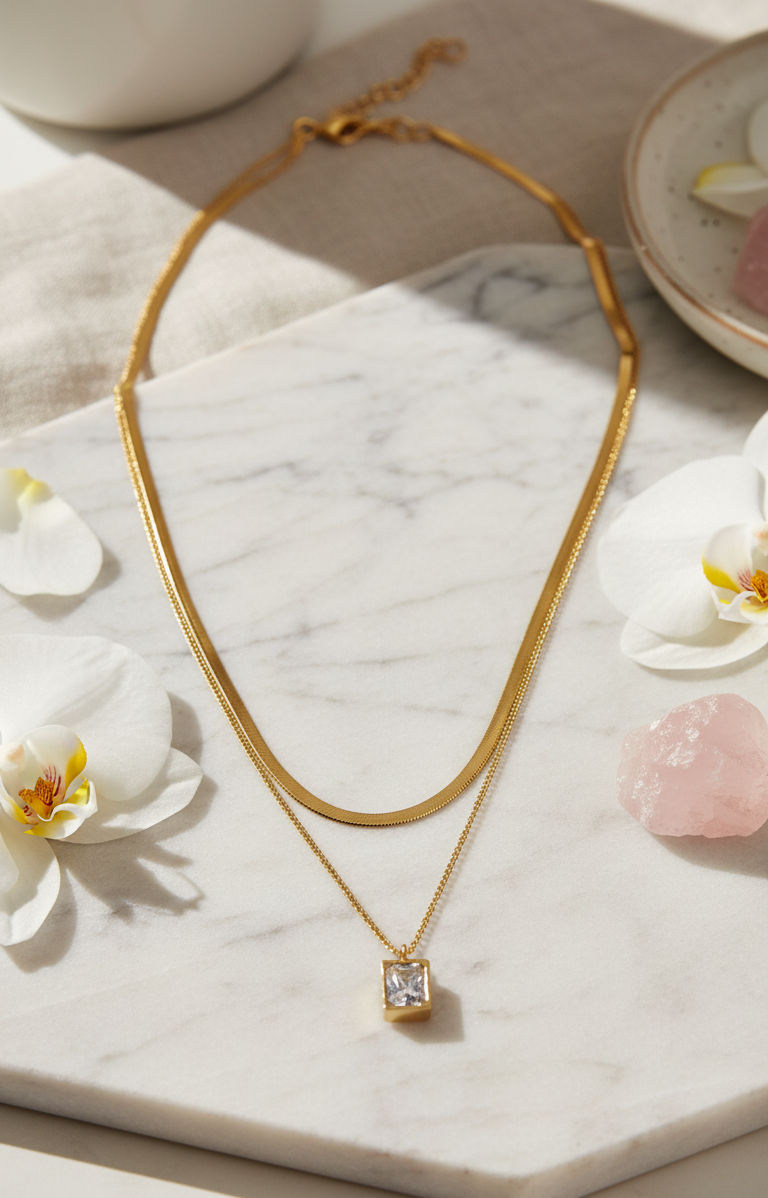 Collana Serpente Doppia Catena e Pendente Zircone Luminoso - Tonalità Oro