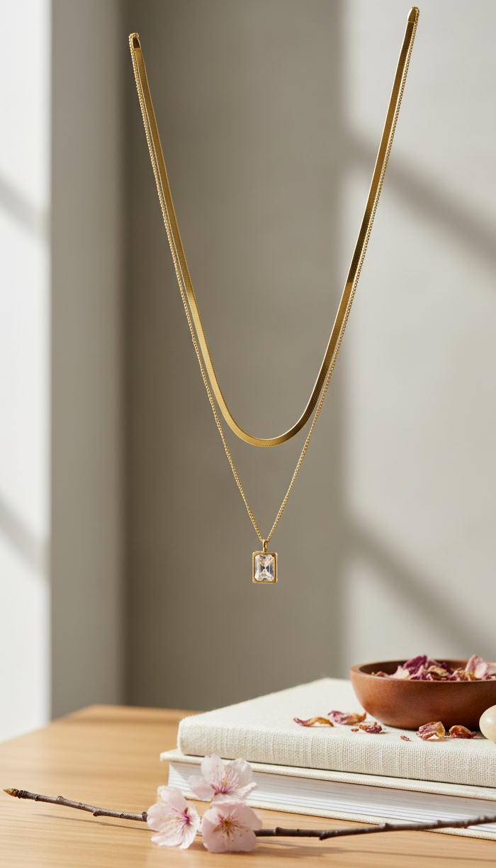 Collana Serpente Doppia Catena e Pendente Zircone Luminoso - Tonalità Oro