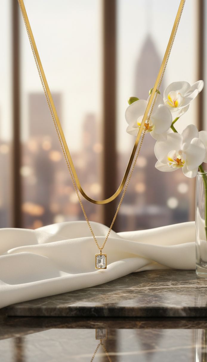 Collana Serpente Doppia Catena e Pendente Zircone Luminoso - Tonalità Oro