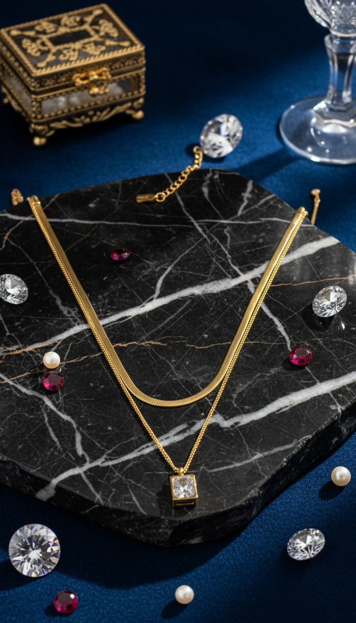 Collana Serpente Doppia Catena e Pendente Zircone Luminoso - Tonalità Oro