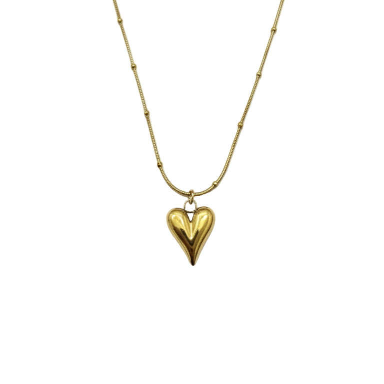 Collana Cuore Bombato Oro - Catena Snake Perline Acciaio Inossidabile