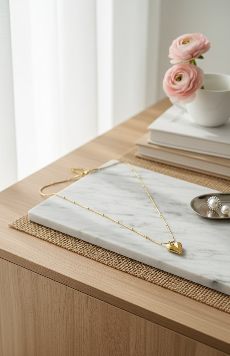 Collana Cuore Bombato Oro - Catena Snake Perline Acciaio Inossidabile