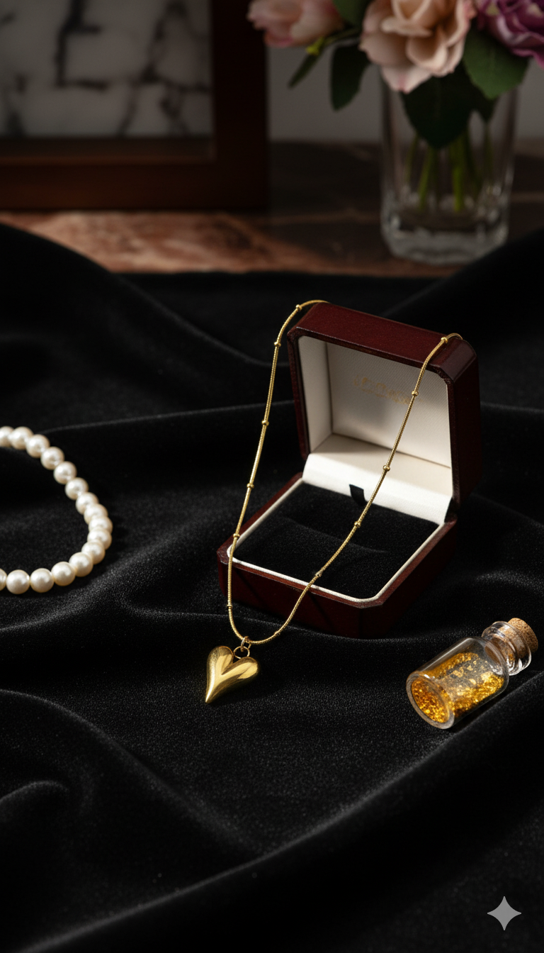 Collana Cuore Bombato Oro - Catena Snake Perline Acciaio Inossidabile