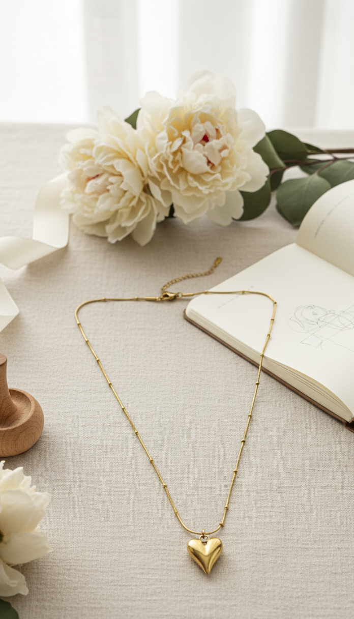 Collana Cuore Bombato Oro - Catena Snake Perline Acciaio Inossidabile