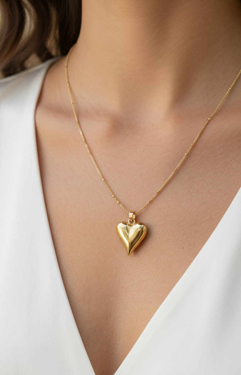 Collana Cuore Bombato Oro - Catena Snake Perline Acciaio Inossidabile