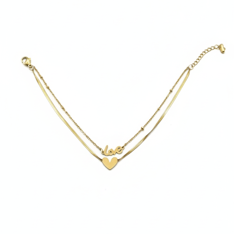 Bracciale Catena Doppia Amore Cuore Placcato Oro