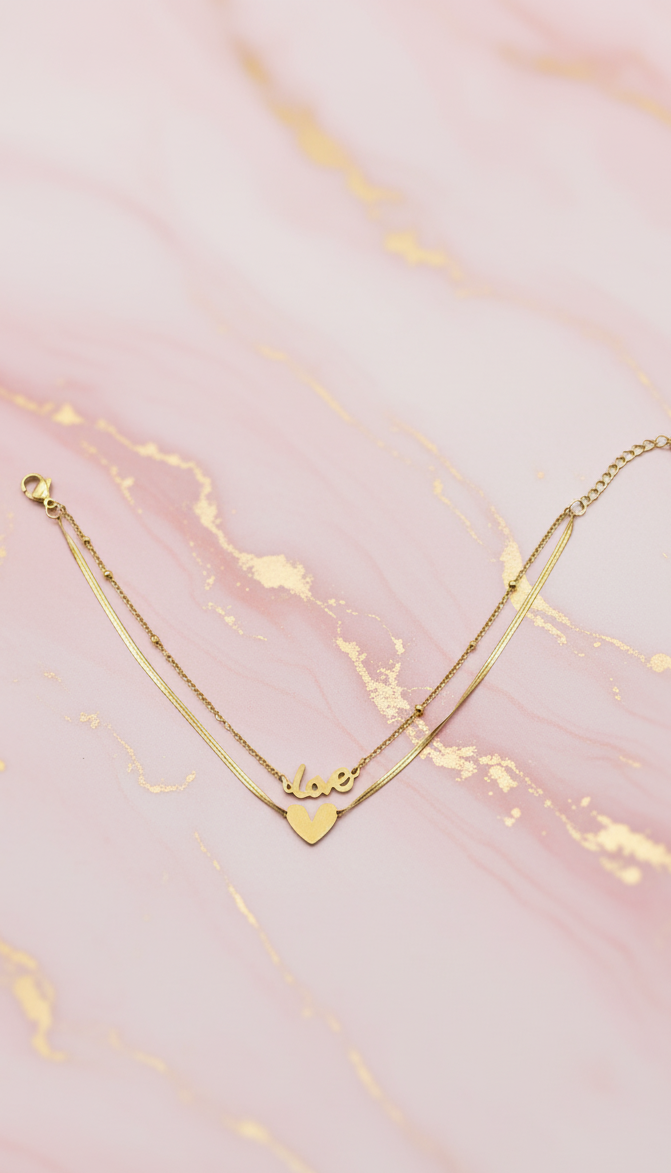 Bracciale Catena Doppia Amore Cuore Placcato Oro