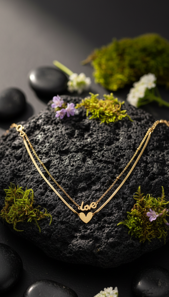 Bracciale Catena Doppia Amore Cuore Placcato Oro