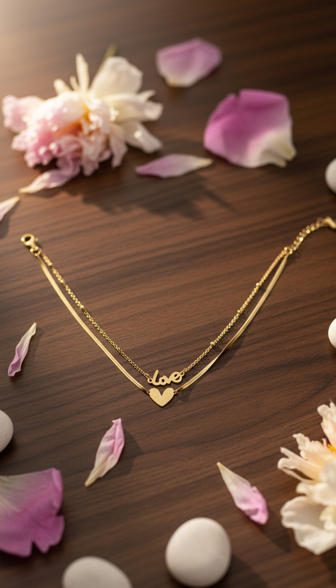 Bracciale Catena Doppia Amore Cuore Placcato Oro