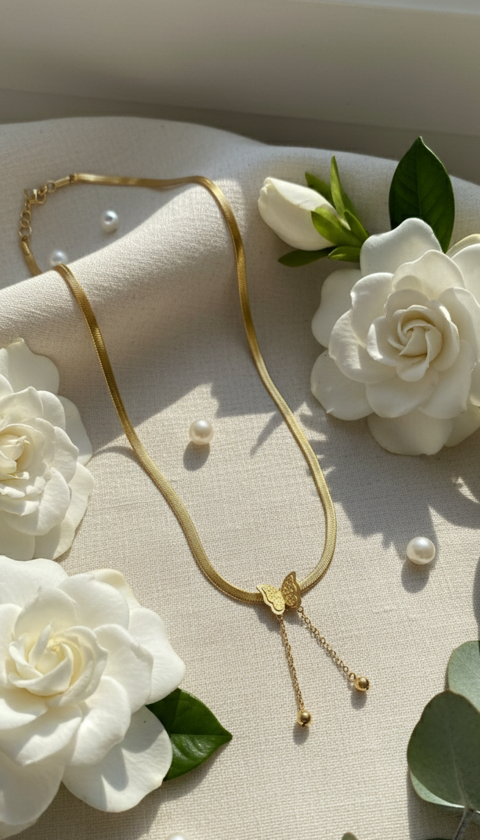 Collana Catena Farfalla e Perla Placcato Oro