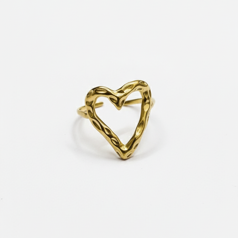 Anello Cuore Martellato Regolabile in Oro Lucido - Lusso Minimalista