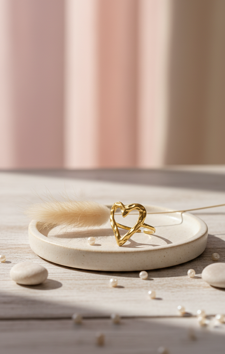 Anello Cuore Martellato Regolabile in Oro Lucido - Lusso Minimalista