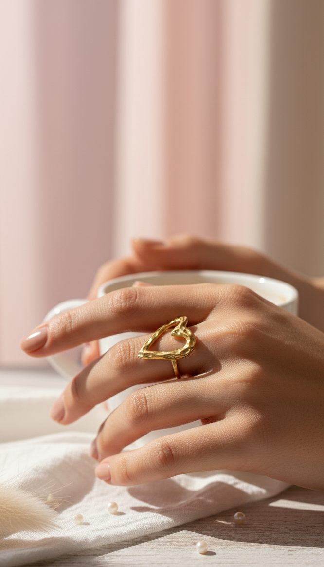 Anello Cuore Martellato Regolabile in Oro Lucido - Lusso Minimalista