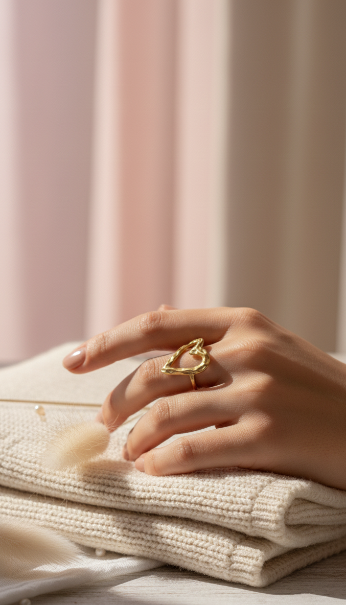 Anello Cuore Martellato Regolabile in Oro Lucido - Lusso Minimalista