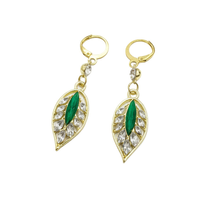 Orecchini Pendenti Foglia con Zirconi e Gemma Smeraldo | Luce di Gemma