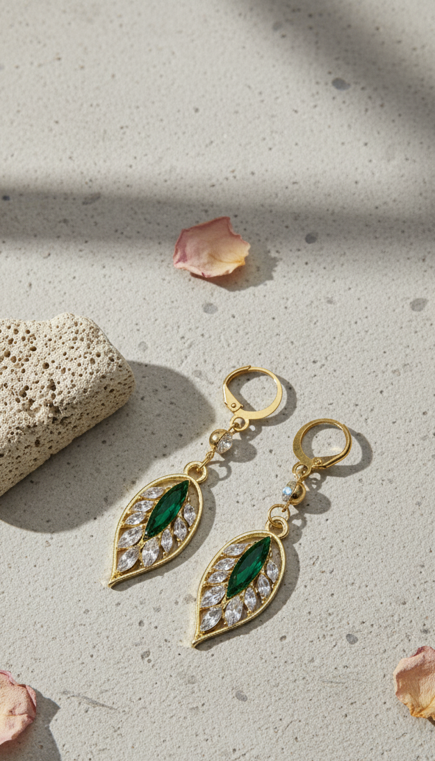 Orecchini Pendenti Foglia con Zirconi e Gemma Smeraldo | Luce di Gemma