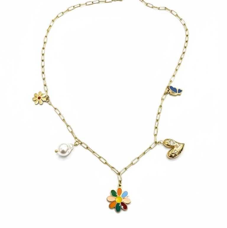 Collana Daisy Charm Oro con Fiori Smaltati e Perla - Collezione Primavera