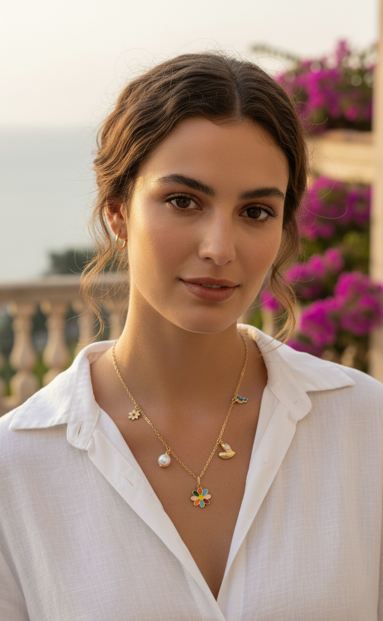 Collana Daisy Charm Oro con Fiori Smaltati e Perla - Collezione Primavera