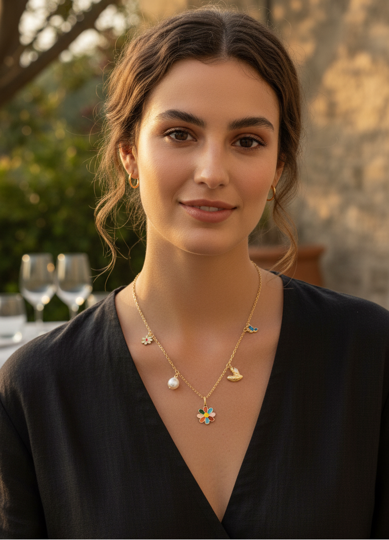 Collana Daisy Charm Oro con Fiori Smaltati e Perla - Collezione Primavera