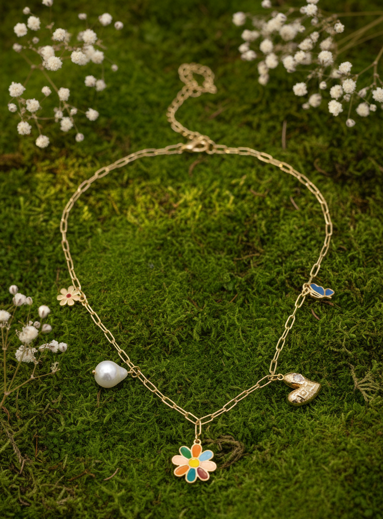 Collana Daisy Charm Oro con Fiori Smaltati e Perla - Collezione Primavera