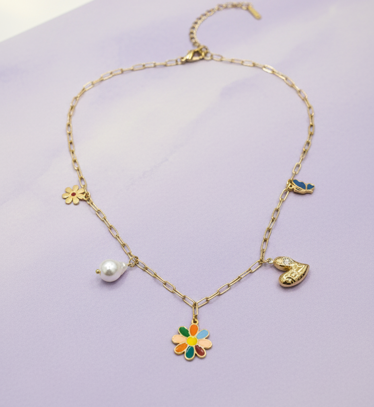 Collana Daisy Charm Oro con Fiori Smaltati e Perla - Collezione Primavera