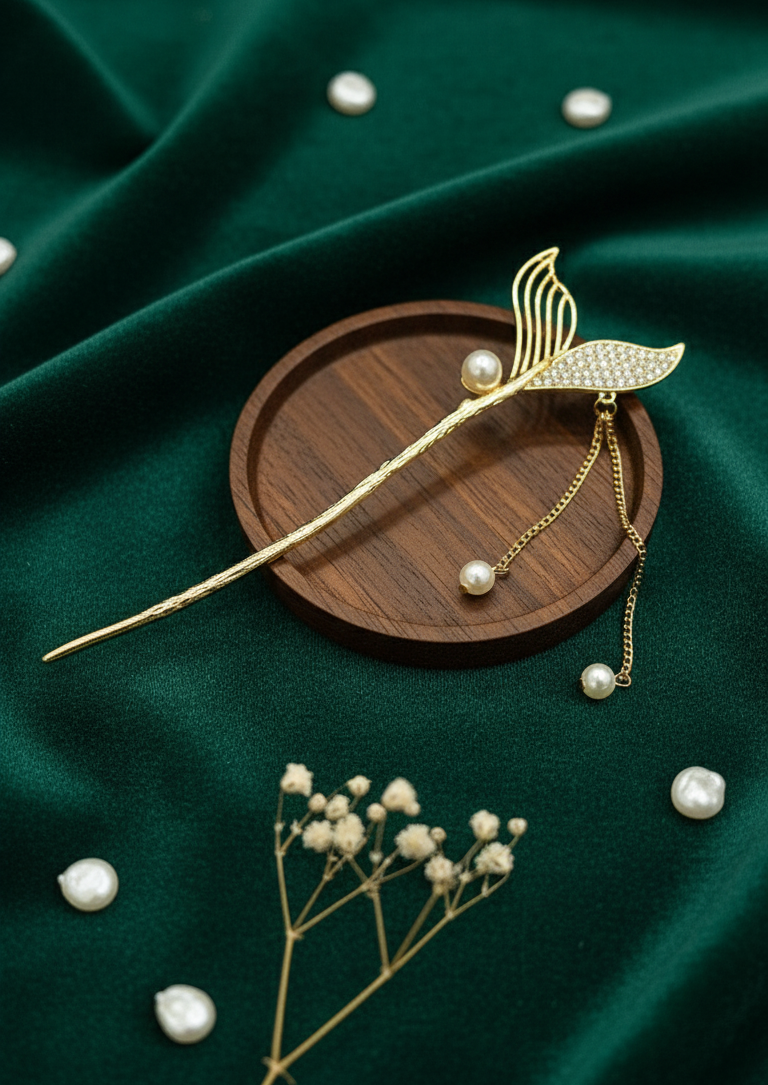 Fermaglio Stile Coda di Sirena con Catena Pendente e Perle - Hanfu Elegance