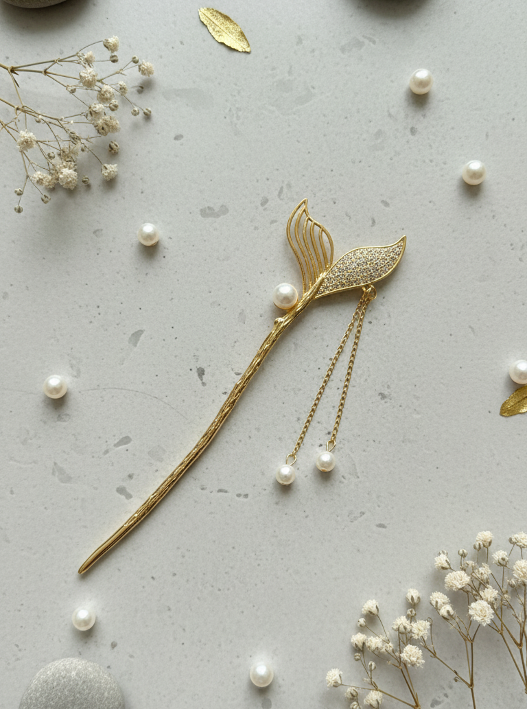 Fermaglio Stile Coda di Sirena con Catena Pendente e Perle - Hanfu Elegance