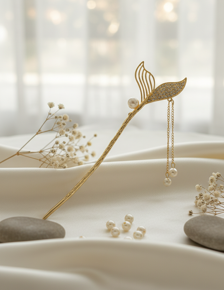 Fermaglio Stile Coda di Sirena con Catena Pendente e Perle - Hanfu Elegance