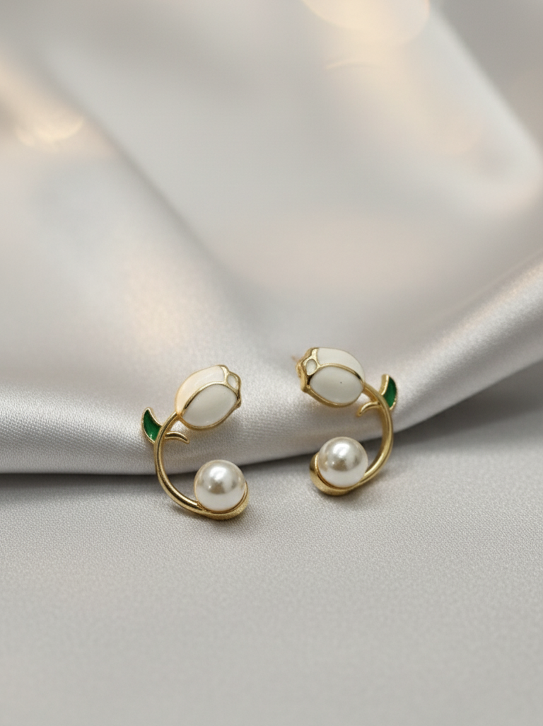 Orecchini Pendenti Tulipano in Smalto e Perla Naturale - Luce di Gemma